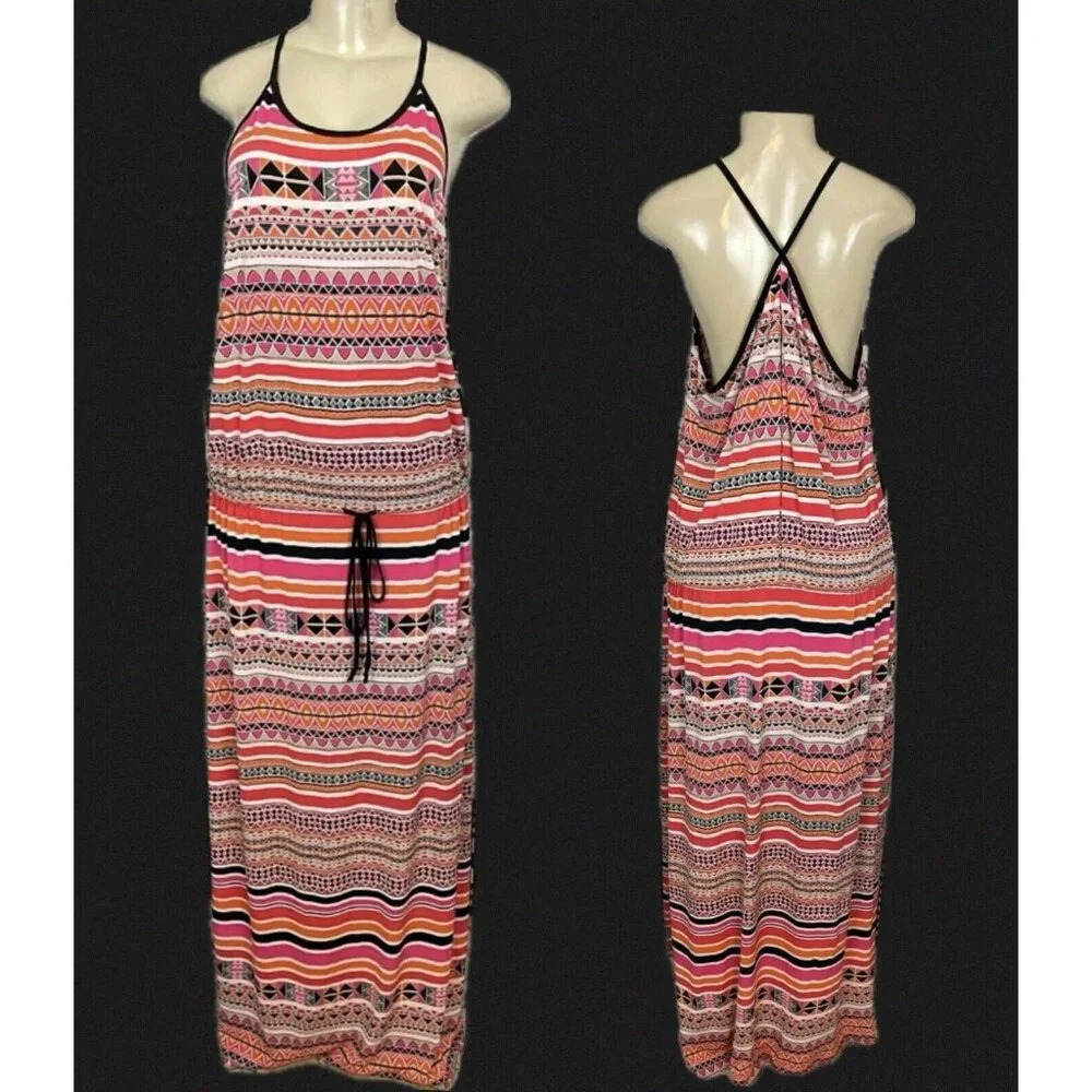 Beige XL Coral Multi Drawstring Scoop Neckline Crisscross Strap Back Maxi Dress